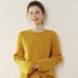 Womens Cable Knit Cashmere Sweater Crew Neck Cashmere Pullover Multi Colors Yellow XS