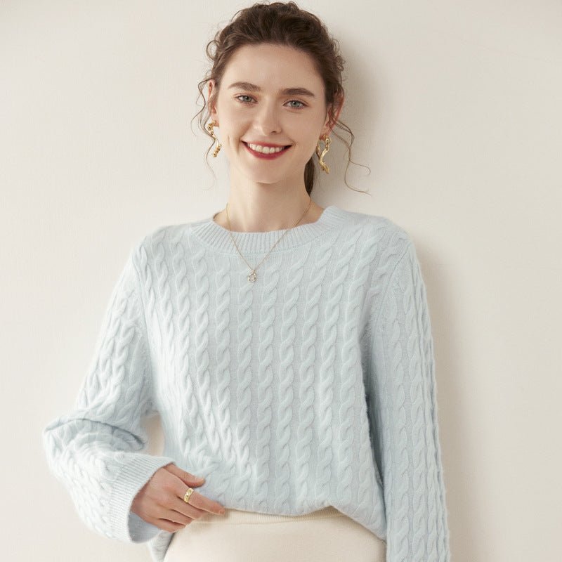 Womens Cable Knit Cashmere Sweater Crew Neck Cashmere Pullover Multi Colors Blue XS