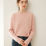 Womens Cable Knit Cashmere Sweater Crew Neck Cashmere Top Pink XS