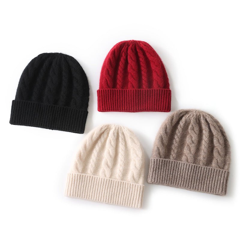 Womens Cashmere Beanie Cable Knit Cashmere Hat Ribbed Cuff