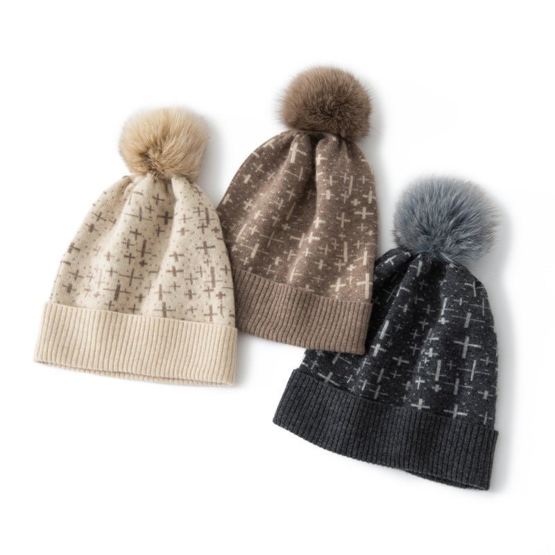 Womens Cashmere Beanie with Fur Pom Patterned Cashmere Hat Ribbed Hem