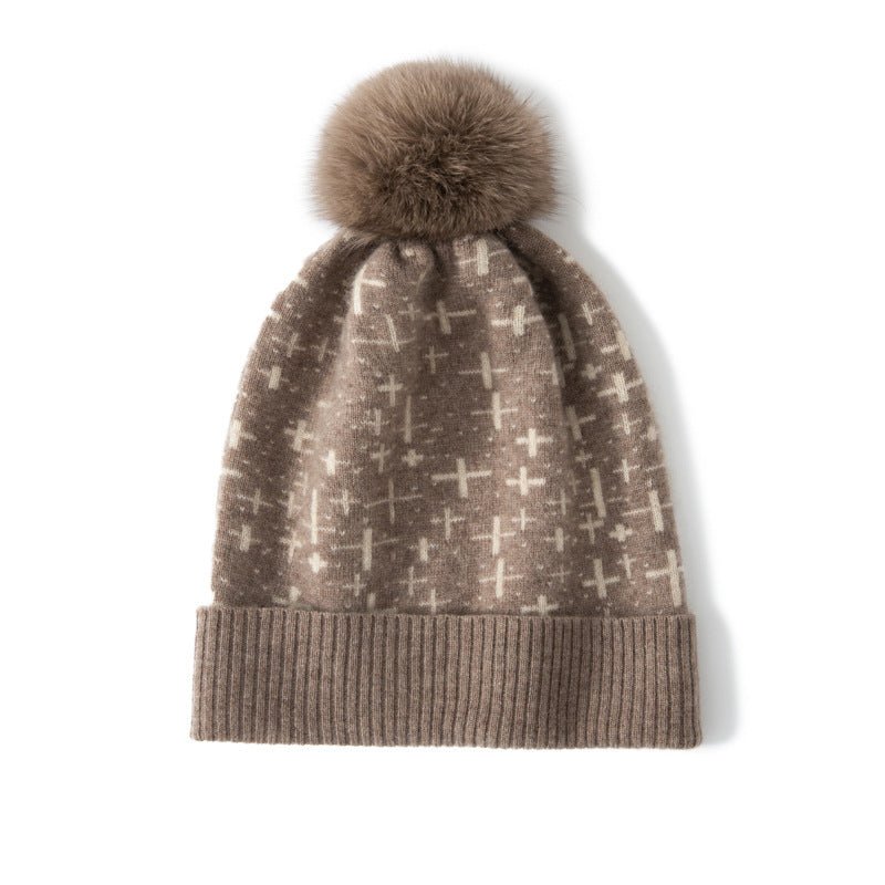 Womens Cashmere Beanie with Fur Pom Patterned Cashmere Hat Ribbed Hem