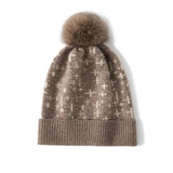 Womens Cashmere Beanie with Fur Pom Patterned Cashmere Hat Ribbed Hem