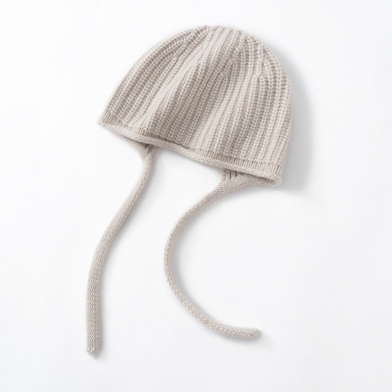Womens Cashmere Bonnet Hat with Ties Winter Earflap Cashmere Knit Beanie
