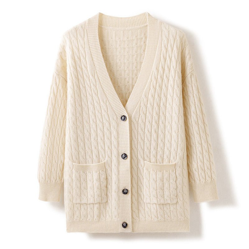 Women's Cashmere Cardigans with Pockets V Neck Cable-Knit Cashmere Outwear Coat - slipintosoft