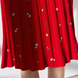 Womens Cashmere Pleated Dresses Long Sleeve Red Cashmere Floral Dress Slim Fit Women Cashmere Dress