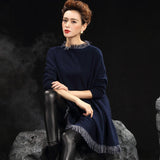 Womens Crew Neck Cashmere Dresses Long Sleeve Cashmere Sweater Dress with Tassel - slipintosoft