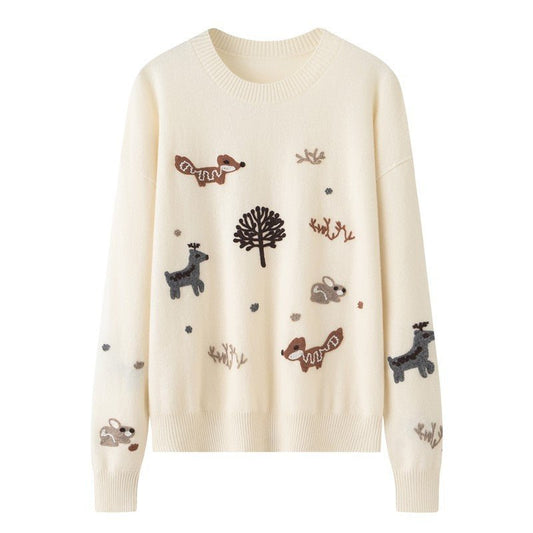 Womens Crew Neck Cashmere Sweater Embroidery Animals Cashmere Blouse Pullover Pure Cashmere Sweater