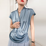 Women's Dark Grey Short Sleeve Silk Wrap Blouse - slipintosoft