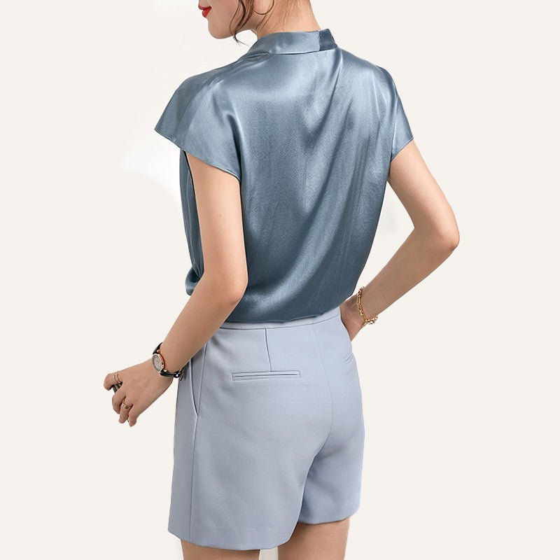 Women's Dark Grey Short Sleeve Silk Wrap Blouse - slipintosoft