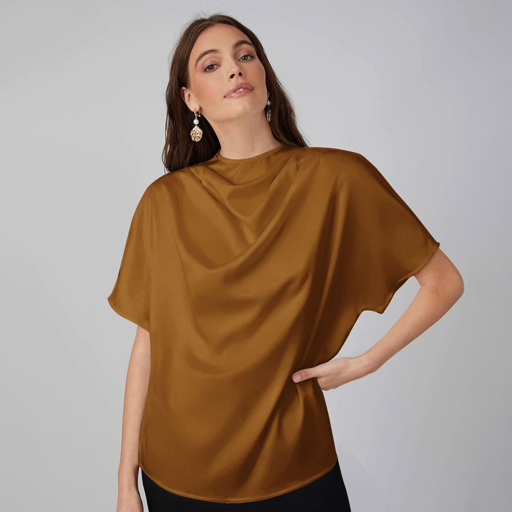 Womens Elegant 100% Mulberry Silk Blouse Short Sleeves Draped Neck Top - slipintosoft