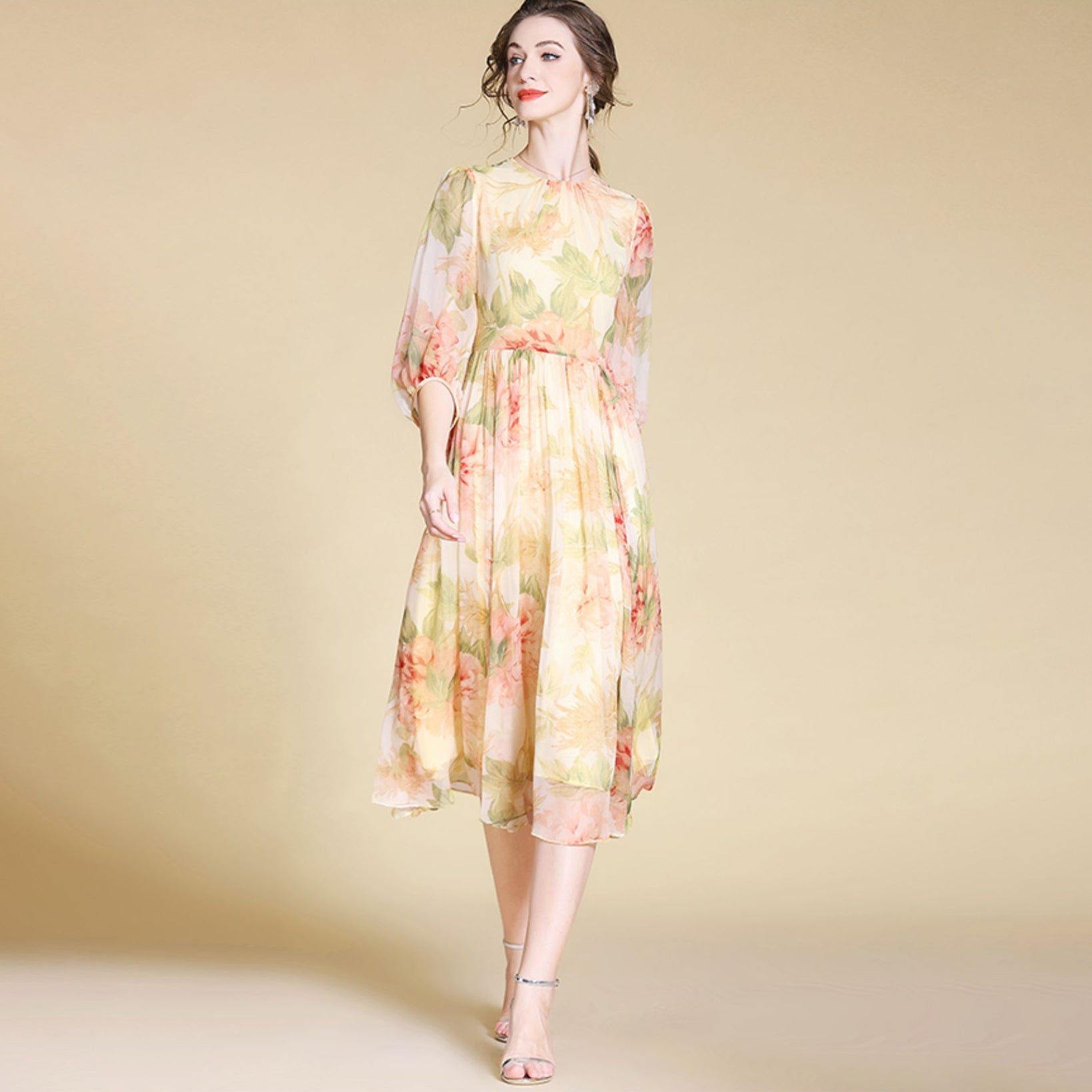 Womens Elegant Floral Silk Midi Dress with Sheer Sleeves Long Silk Dresses