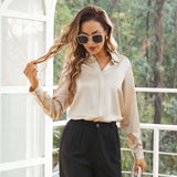 Women's Silk Blouse Lady Lapel Silk Shirt Office Work Long Sleeve Silk Shirt Tops - slipintosoft