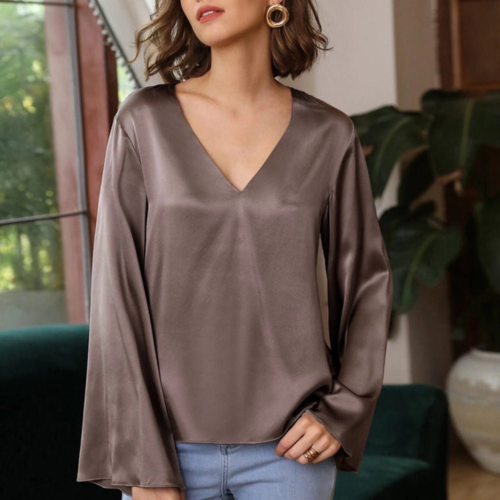 Women's Fashionable V-neck Bell Sleeve Long Sleeve Silk Blouse - slipintosoft