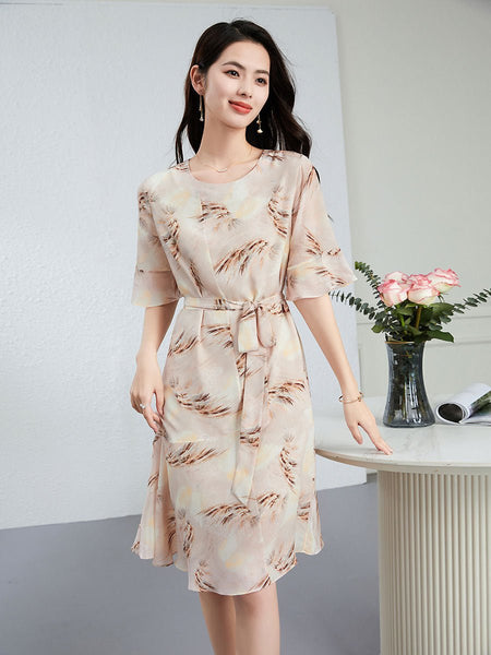 Feather Print Silk Midi Dress Waist Tie Short Sleeve Silk Floral Dress Feather Print Silk Midi Dress Waist Tie Short Sleeve Silk Floral Dress