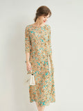 Womens Floral Silk Chiffon Midi Dress Boat Neck Flutter Sleeve Silk Dress