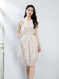 Womens Floral Silk Dress with Drawstring Waist Cap Sleeve Silk Midi Dress Ivory XS