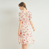 Womens Floral Silk Midi Dress Puff Sleeve Square Neck Silk Dresses