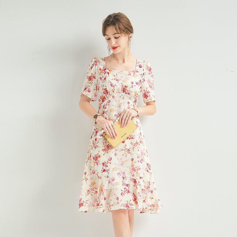Womens Floral Silk Midi Dress Puff Sleeve Square Neck Silk Dresses