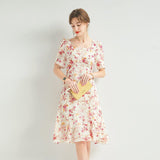 Womens Floral Silk Midi Dress Puff Sleeve Square Neck Silk Dresses
