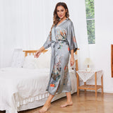 Women's Flower Silk Kimono Robes Floral Bird Print 100% Silk Kimono