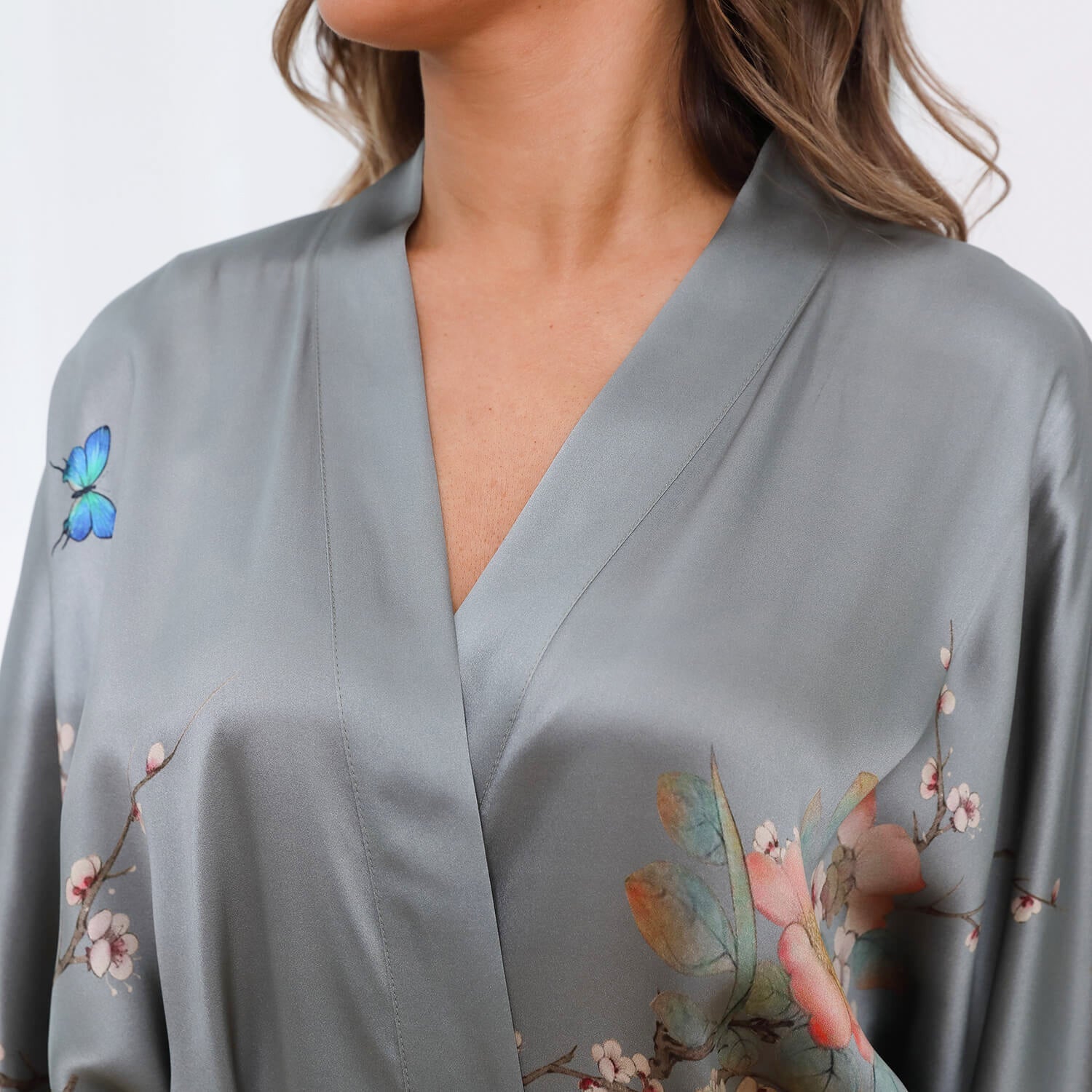 Women's Flower Silk Kimono Robes Floral Bird Print 100% Silk Kimono