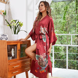 Women's Flower Silk Kimono Robes Floral Bird Print 100% Silk Kimono