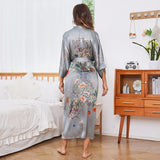 Women's Flower Silk Kimono Robes Floral Bird Print 100% Silk Kimono