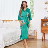 Women's Flower Silk Kimono Robes Floral Bird Print 100% Silk Kimono