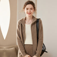 Womens Full Zip-Up Cashmere Cardigan Fold-Over Collar Cashmere Coat