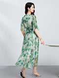 Womens Green Silk Chiffon Dress Silk Maxi Dress Silk Floral Dress