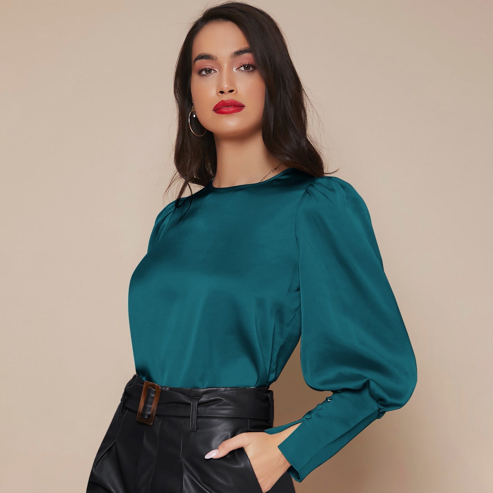 Green silk blouse long sleeve best sale