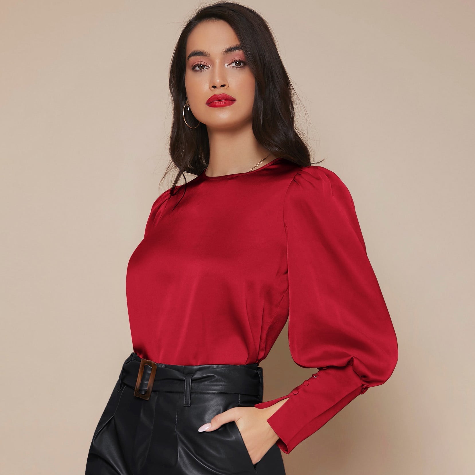 Women's Lantern Sleeve Silk Top Luxury 22mm Mulberry Long Sleeves Silk Shirt - slipintosoft