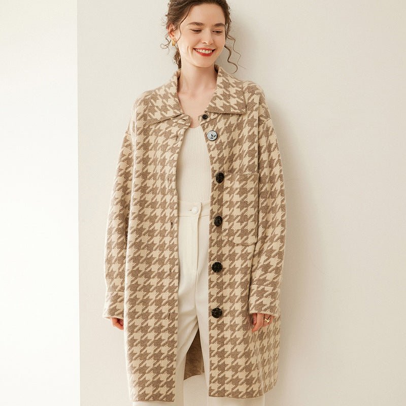 Women's Lapel Neck Cashmere Cardigan Button - down Houndstooth Pattern Cashmere Coat - slipintosoft