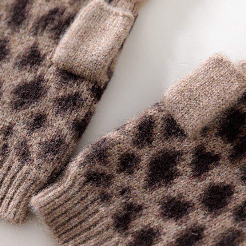 Womens Leopard Print Cashmere Gloves Knitted Half - finger Gloves