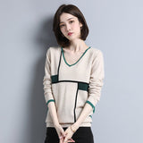 Women's Lightweight V-neck Cashmere Sweater Contrast Color Knit Sweater - slipintosoft