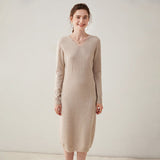 Women's Long Cashmere Dresses V Neck Cashmere Knitted Dress Slim Fit Basic Dress Women Cashmere Dress