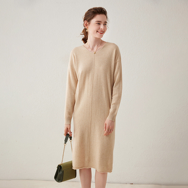 Womens Cashmere Knit Midi Dress Long Sleeve V Neck Straight - cut Dress