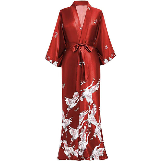 100% Silk Long Kimono Robe with Belt Women's Nighties Crane  Prints -  slipintosoft