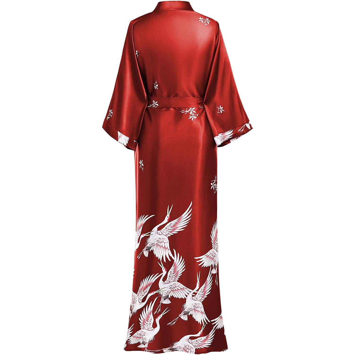 Long Silk Kimono Robe with Belt Crane Prints Women's Silk Robe - slipintosoft