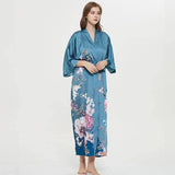 Women's 100% Silk Kimono Robe Blue Floral Printed 3/4 Sleeves Japanese Bath Robes All Sizes - slipintosoft