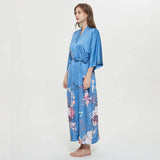 Women's 100% Silk Kimono Robe Blue Floral Printed 3/4 Sleeves Japanese Bath Robes All Sizes - slipintosoft