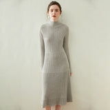 Womens Long Mock Neck Cashmere Dress A Line Slim Fit Cashmere Ribbing Dresses Women Cashmere Dress