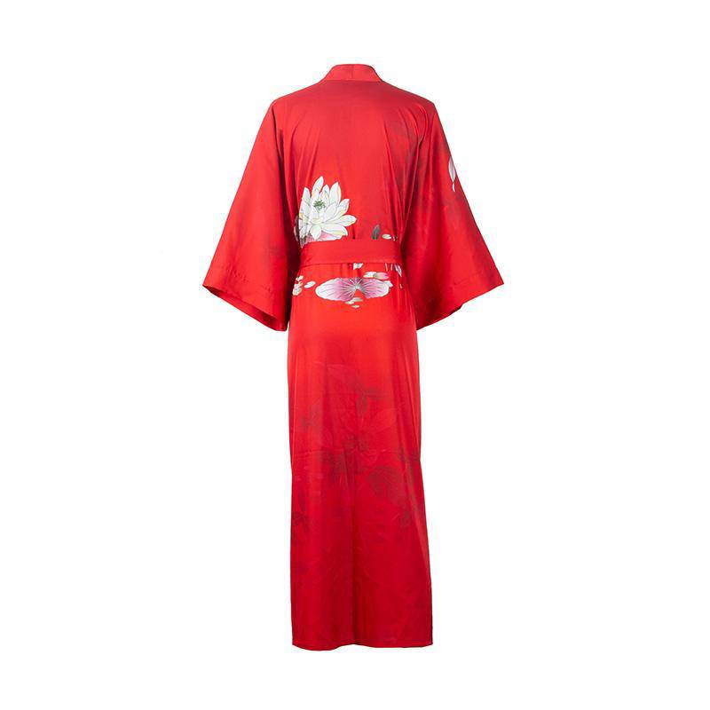 Long 100% Silk Kimono Robes lotus silk clothes Red Lotus Personalized Bride Japanese High Waist Sleepwear for Women -  slipintosoft