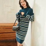 Women's Mock Neck Cashmere Dress Striped Midi Cashmere Sweater Dresses - slipintosoft