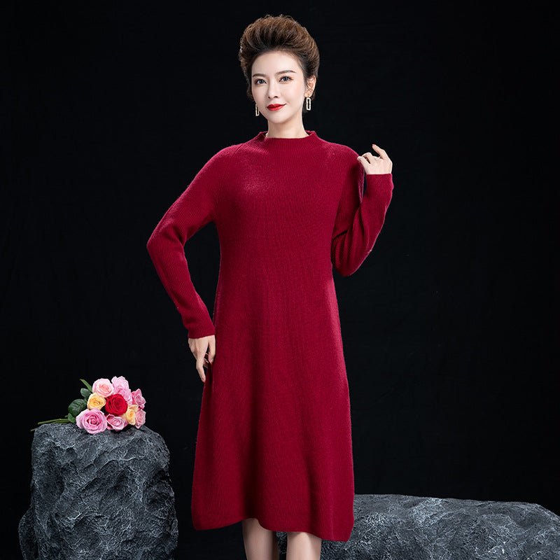 Womens Mock Neck Cashmere Dresses Tea Length Cashmere Sweater Dress - slipintosoft