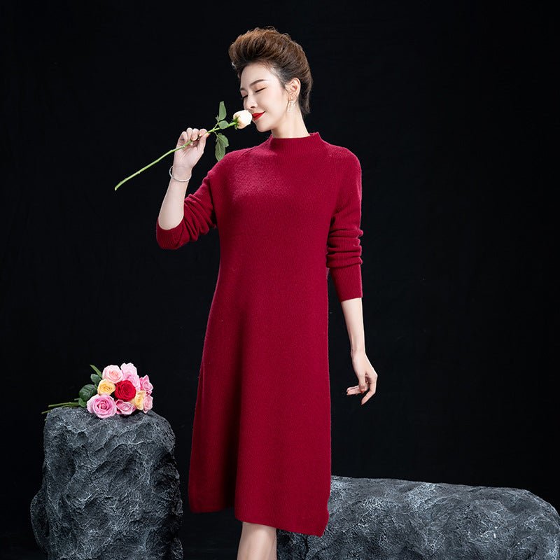 Womens Mock Neck Cashmere Dresses Tea Length Cashmere Sweater Dress - slipintosoft