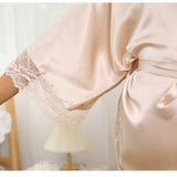 Women Silk Kimono Robe Long Bridesmaid Robe with Lace Trim - slipintosoft