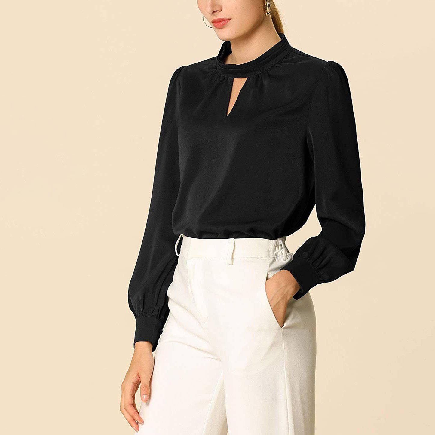 Black Women s Office Silk Shirt Keyhole Elegant Blouse