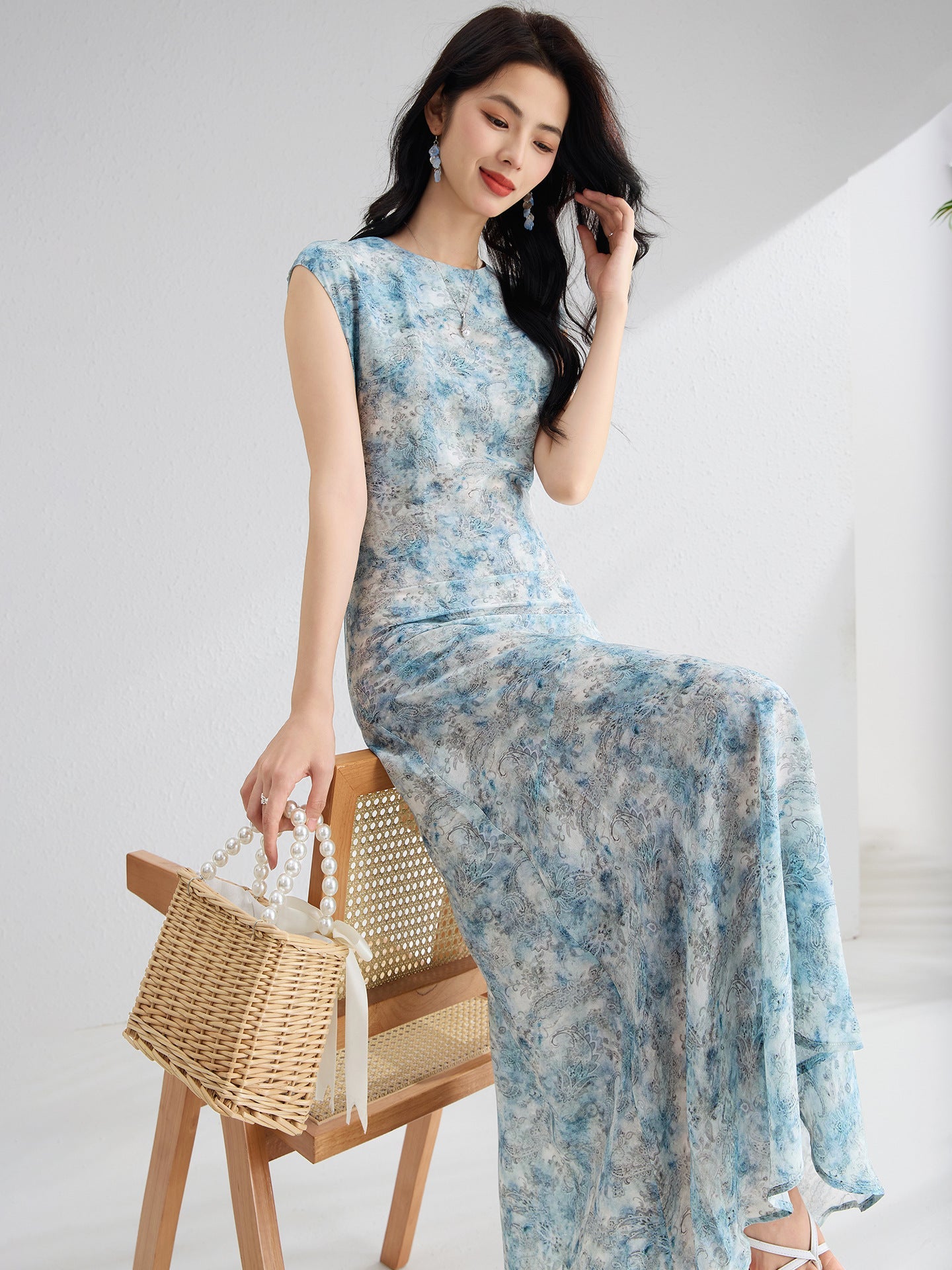Womens Paisley Print Silk Maxi Dress Cap Sleeve Long Silk Dress Blue / S